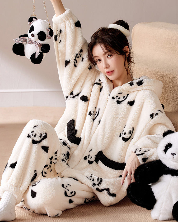 Panda Pattern Thickened Coral Fleece Winter Homewear Pajamas