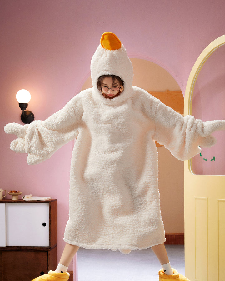 Cute Cartoon White Goose Thickened Coral Fleece Autumn Winter Nightgown