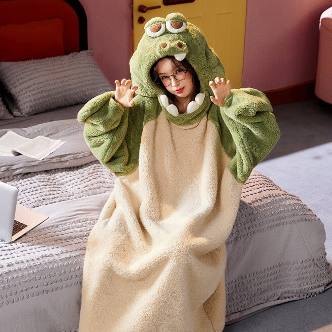 Cute Cartoon Dinosaur Thickened Coral Fleece Hooded Nightgown Homewear