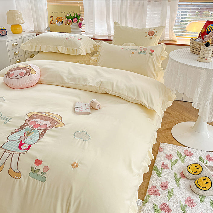 Cute Girl Embroidered Cotton Bedding Set