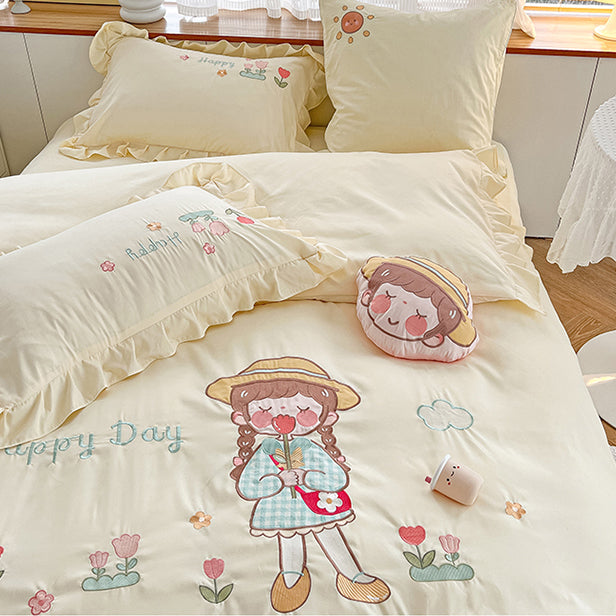 Cute Girl Embroidered Cotton Bedding Set