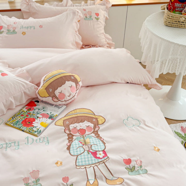 Cute Girl Embroidered Cotton Bedding Set