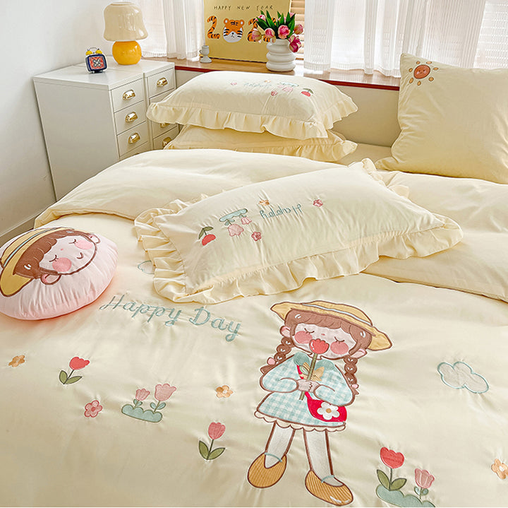 Cute Girl Embroidered Cotton Bedding Set