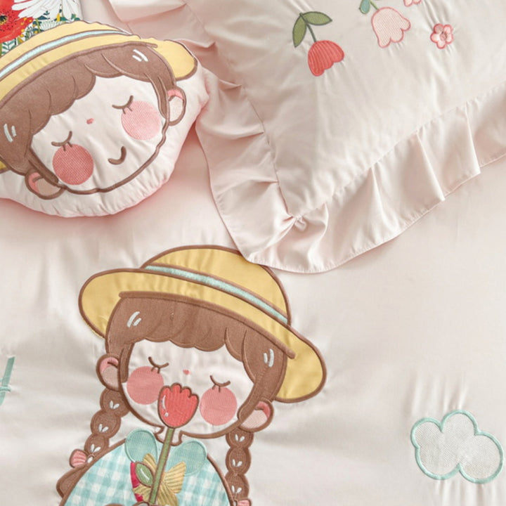 Cute Girl Embroidered Cotton Bedding Set
