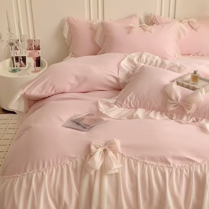 Korean Princess Ribbon Bow Lace Edged Bedding Set