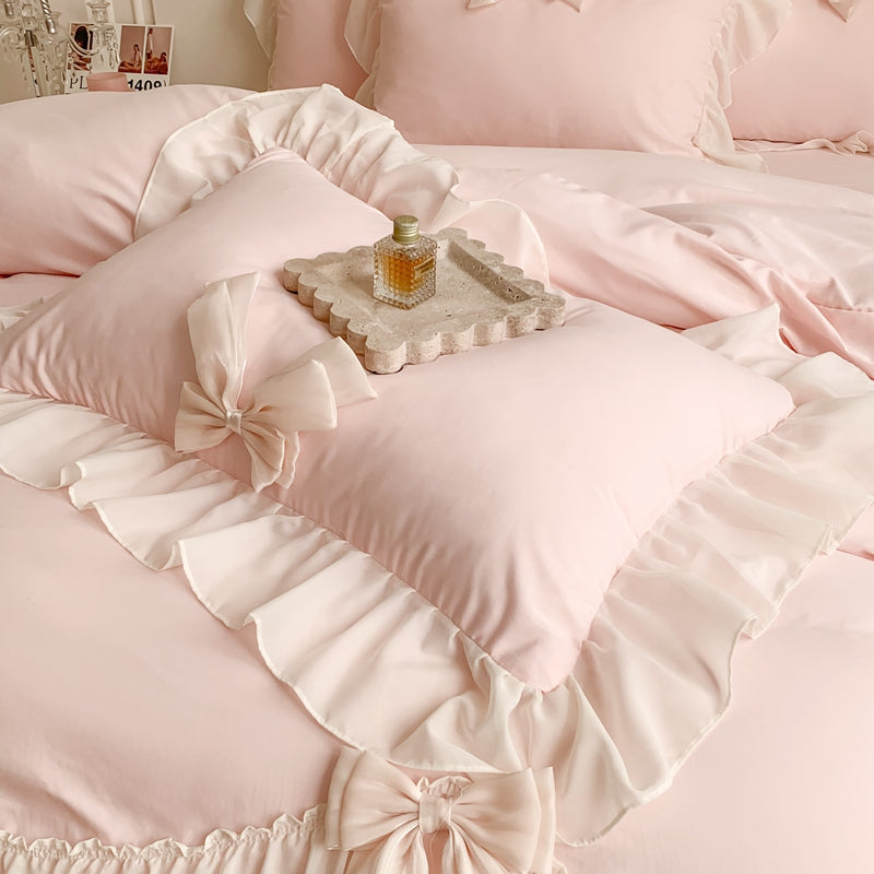 Korean Princess Ribbon Bow Lace Edged Bedding Set