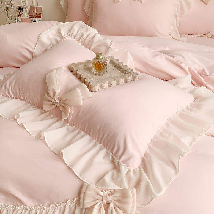 Korean Princess Ribbon Bow Lace Edged Bedding Set