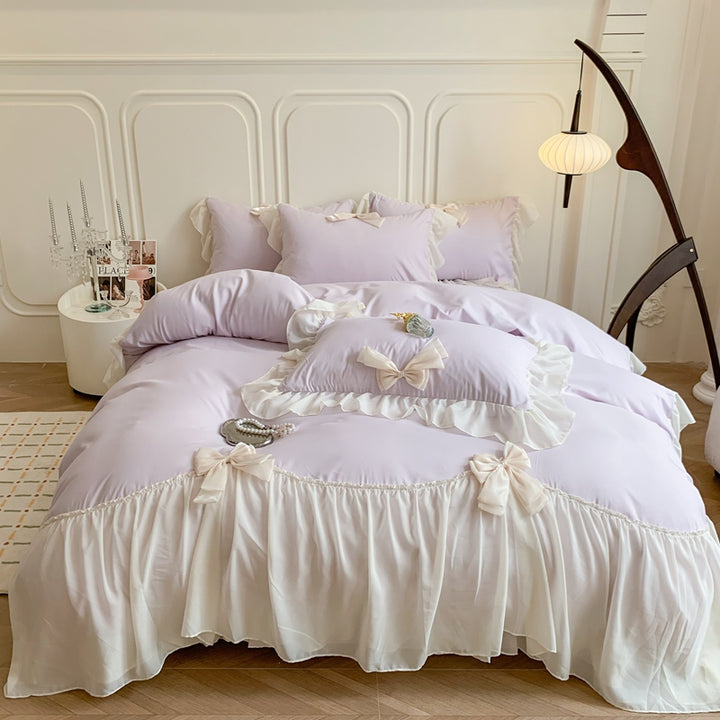Korean Princess Ribbon Bow Lace Edged Bedding Set