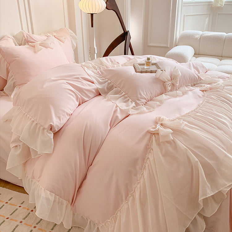 Korean Princess Ribbon Bow Lace Edged Bedding Set
