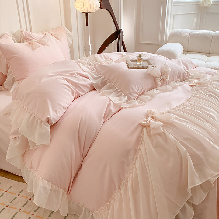 Korean Princess Ribbon Bow Lace Edged Bedding Set