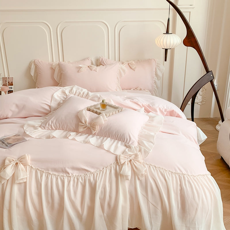 Korean Princess Ribbon Bow Lace Edged Bedding Set