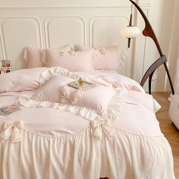 Korean Princess Ribbon Bow Lace Edged Bedding Set