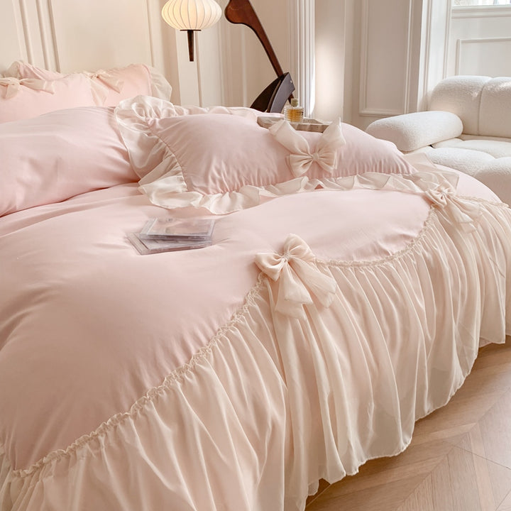 Korean Princess Ribbon Bow Lace Edged Bedding Set