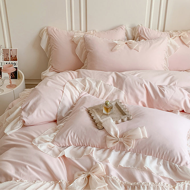 Korean Princess Ribbon Bow Lace Edged Bedding Set