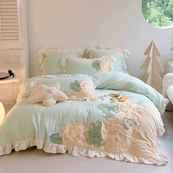 Cute Cartoon Lemon Embroidered Milk Fleece Winter Thickened Bedding Set