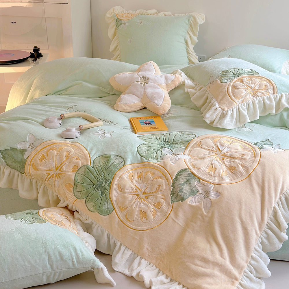 Cute Cartoon Lemon Embroidered Milk Fleece Winter Thickened Bedding Set