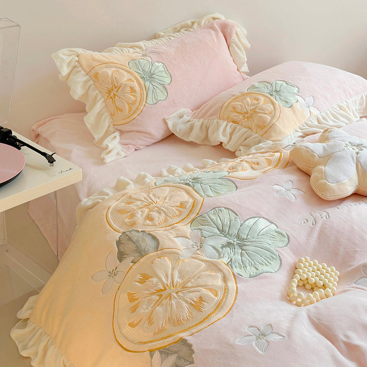 Cute Cartoon Lemon Embroidered Milk Fleece Winter Thickened Bedding Set