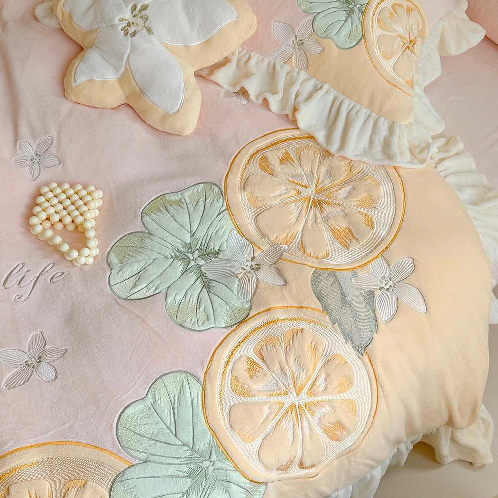 Cute Cartoon Lemon Embroidered Milk Fleece Winter Thickened Bedding Set