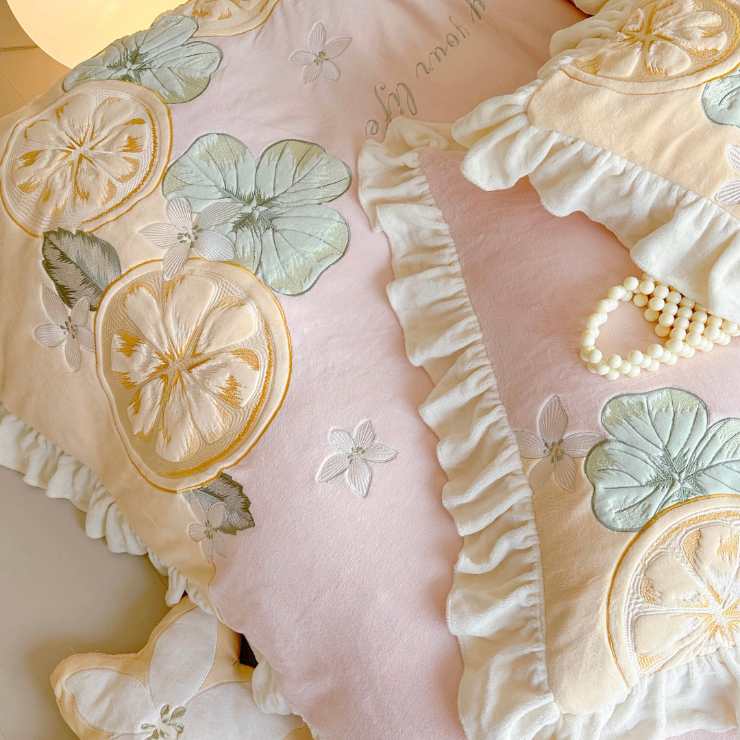 Cute Cartoon Lemon Embroidered Milk Fleece Winter Thickened Bedding Set