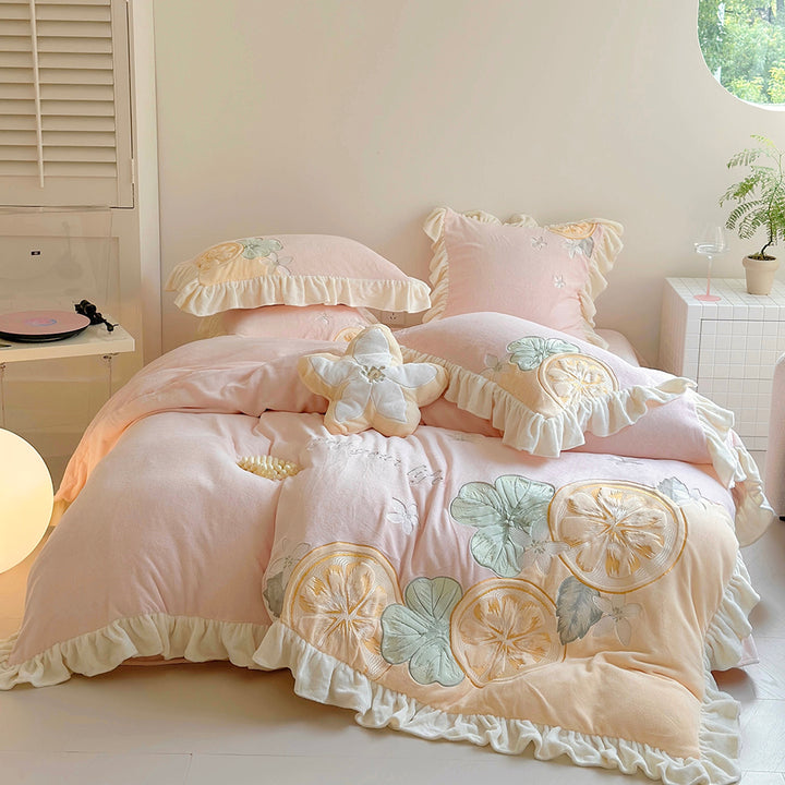 Cute Cartoon Lemon Embroidered Milk Fleece Winter Thickened Bedding Set