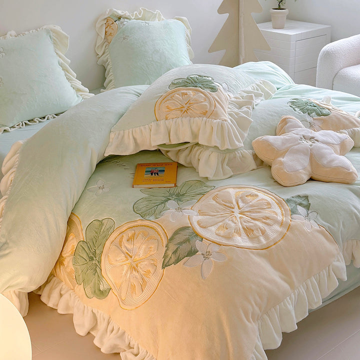 Cute Cartoon Lemon Embroidered Milk Fleece Winter Thickened Bedding Set