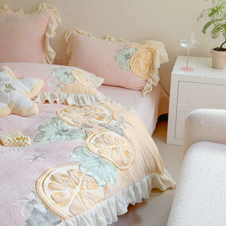 Cute Cartoon Lemon Embroidered Milk Fleece Winter Thickened Bedding Set