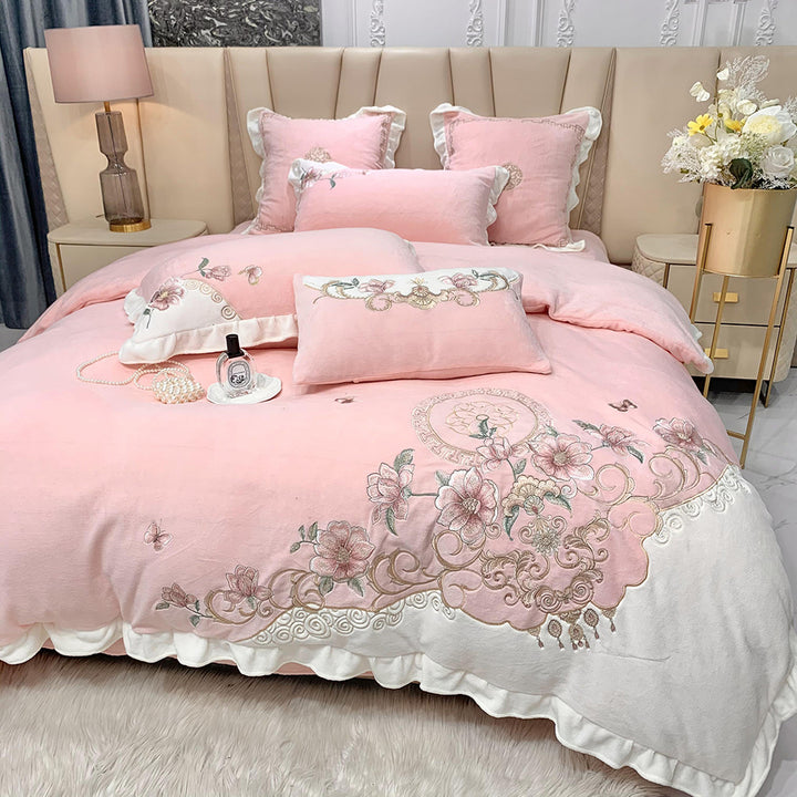 European-style Flower Embroidered Milk Fleece Winter Thickened Bedding Set