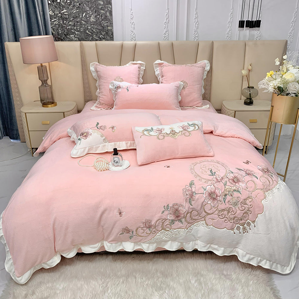 European-style Flower Embroidered Milk Fleece Winter Thickened Bedding Set