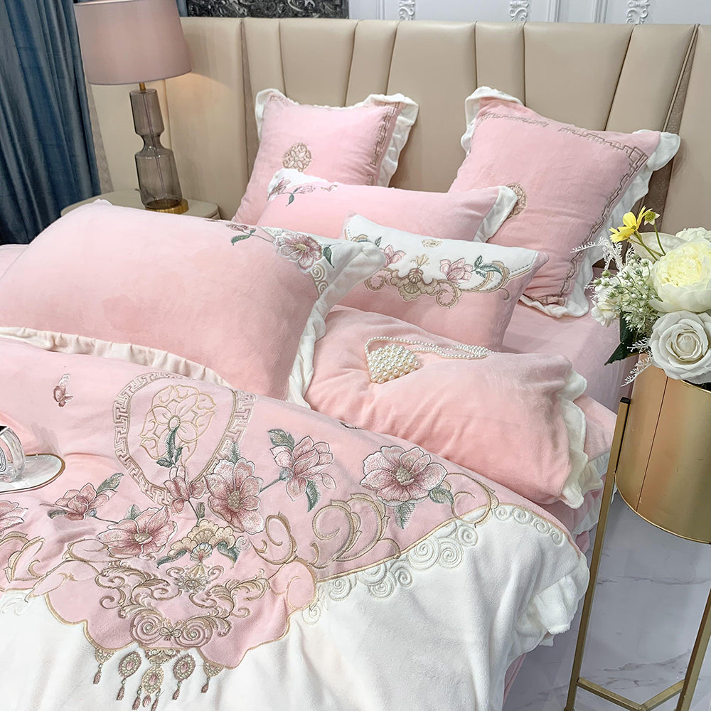 European-style Flower Embroidered Milk Fleece Winter Thickened Bedding Set