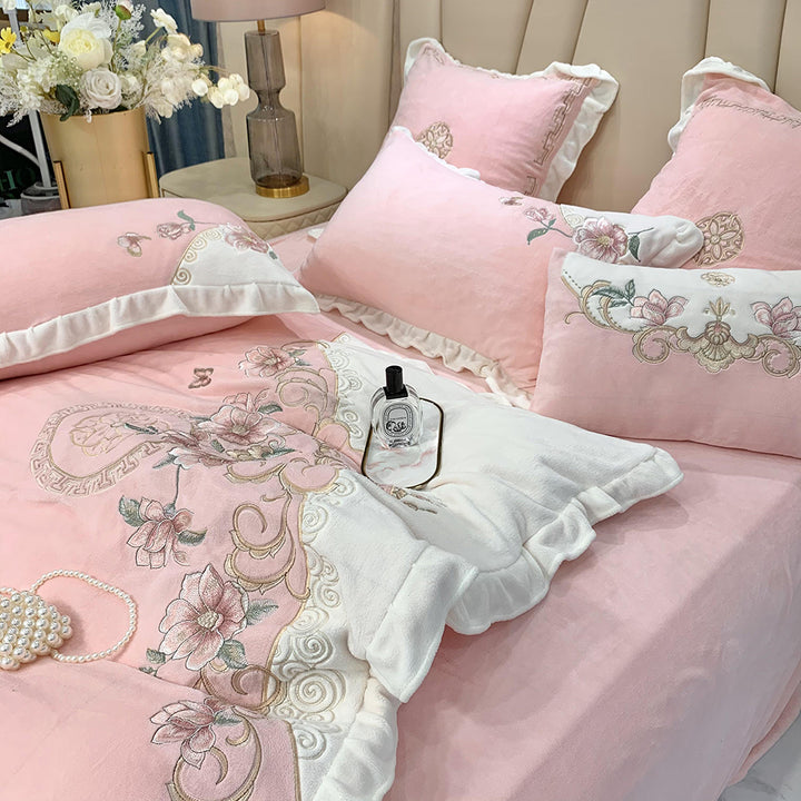 European-style Flower Embroidered Milk Fleece Winter Thickened Bedding Set