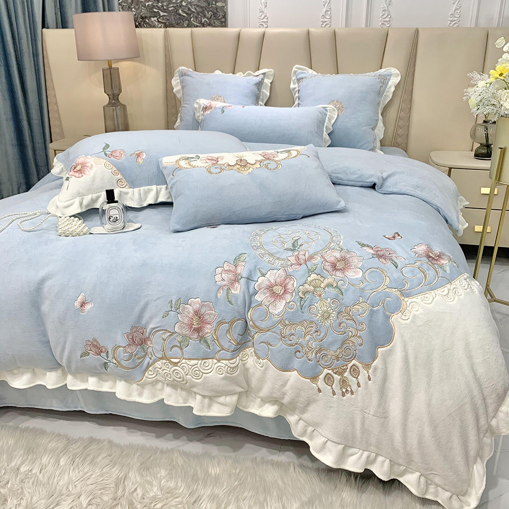 European-style Flower Embroidered Milk Fleece Winter Thickened Bedding Set