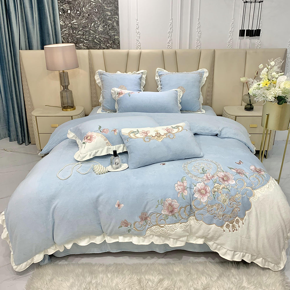 European-style Flower Embroidered Milk Fleece Winter Thickened Bedding Set