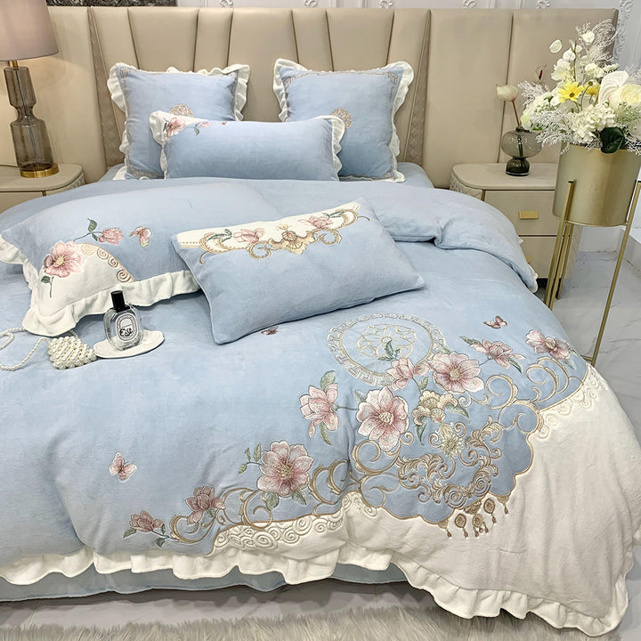 European-style Flower Embroidered Milk Fleece Winter Thickened Bedding Set