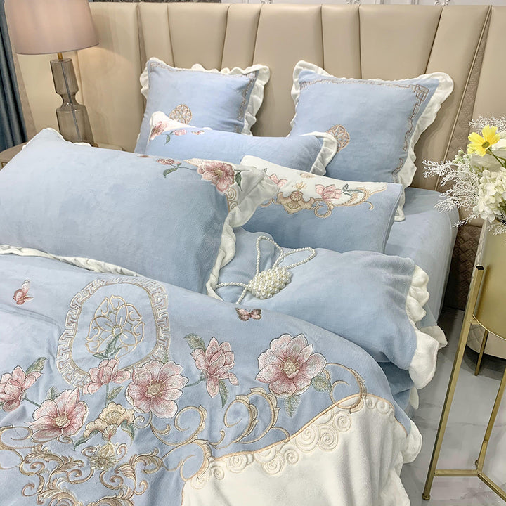 European-style Flower Embroidered Milk Fleece Winter Thickened Bedding Set