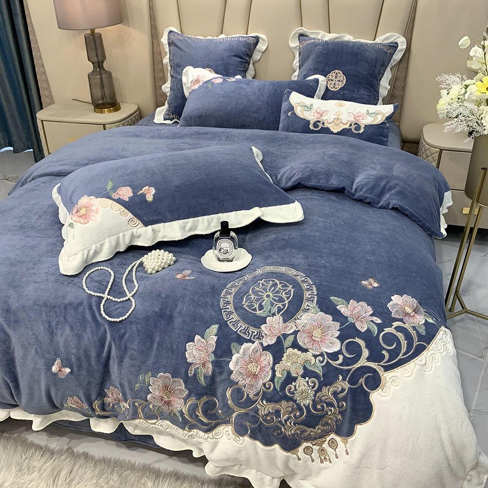 European-style Flower Embroidered Milk Fleece Winter Thickened Bedding Set