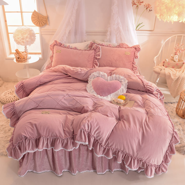 Princess-style Thickened Coral Fleece Ruffle Bedding Set