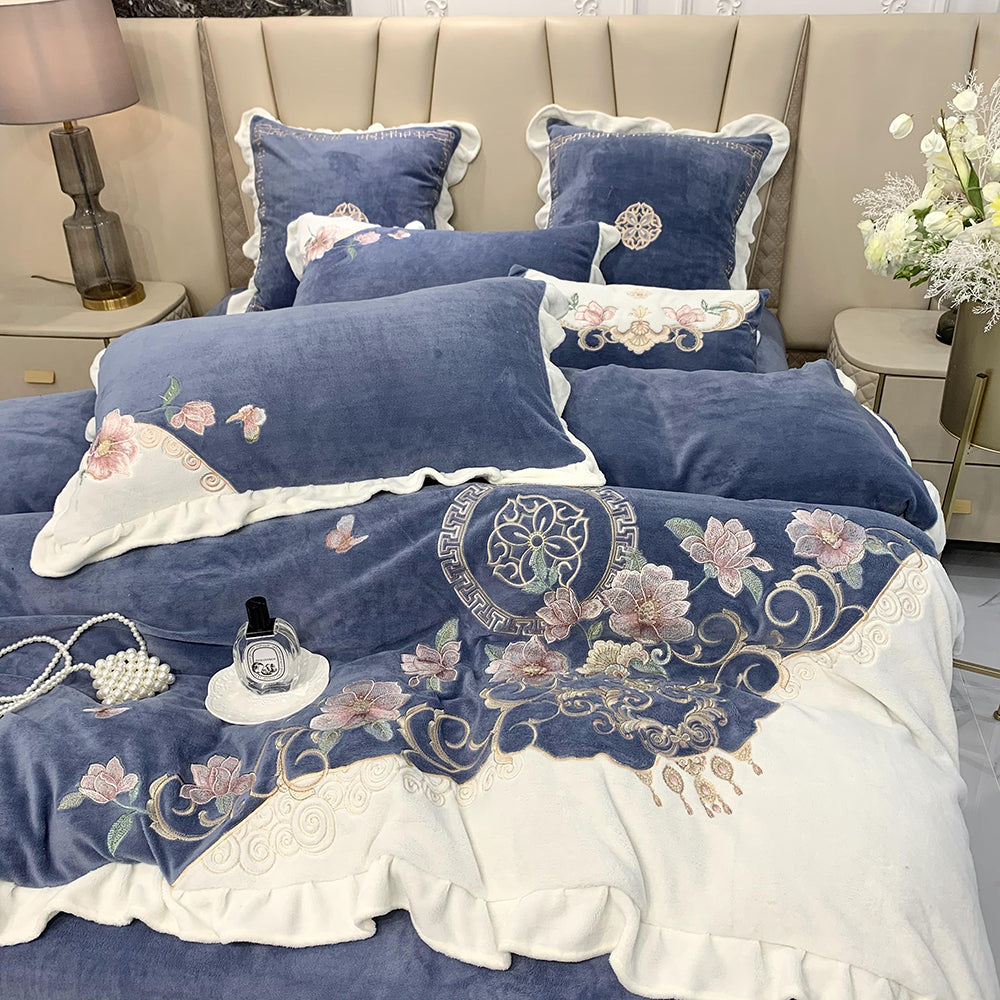 European-style Flower Embroidered Milk Fleece Winter Thickened Bedding Set