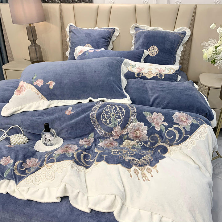 European-style Flower Embroidered Milk Fleece Winter Thickened Bedding Set