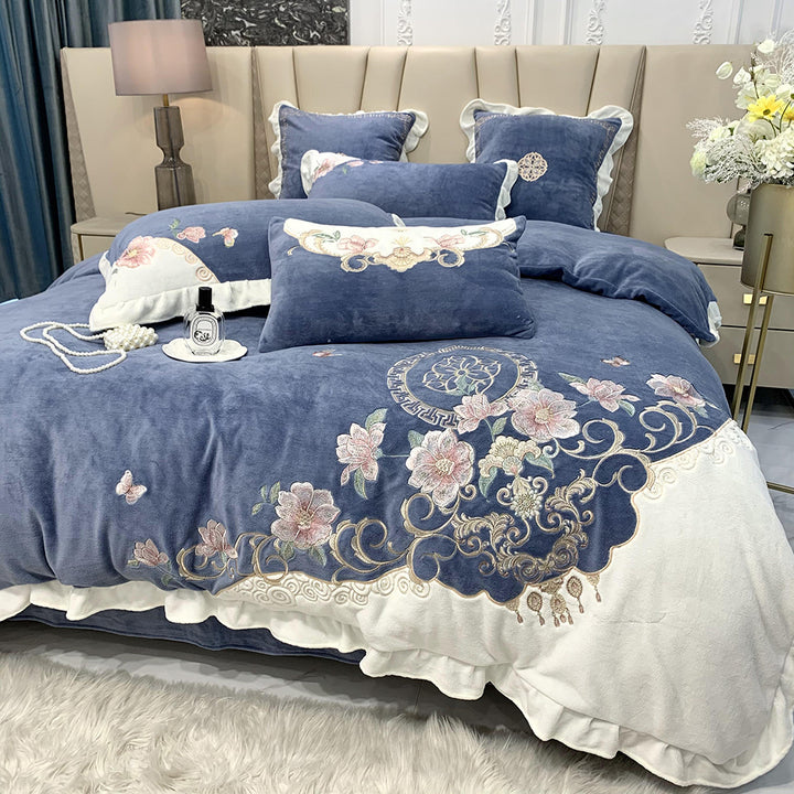 European-style Flower Embroidered Milk Fleece Winter Thickened Bedding Set