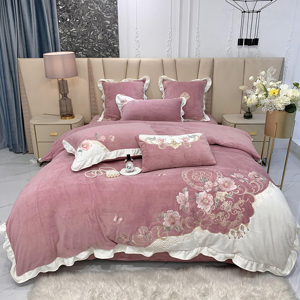 European-style Flower Embroidered Milk Fleece Winter Thickened Bedding Set