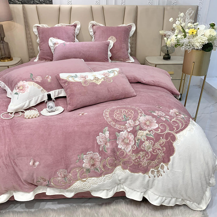European-style Flower Embroidered Milk Fleece Winter Thickened Bedding Set