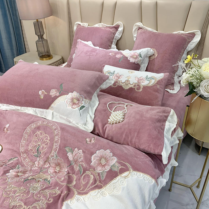 European-style Flower Embroidered Milk Fleece Winter Thickened Bedding Set