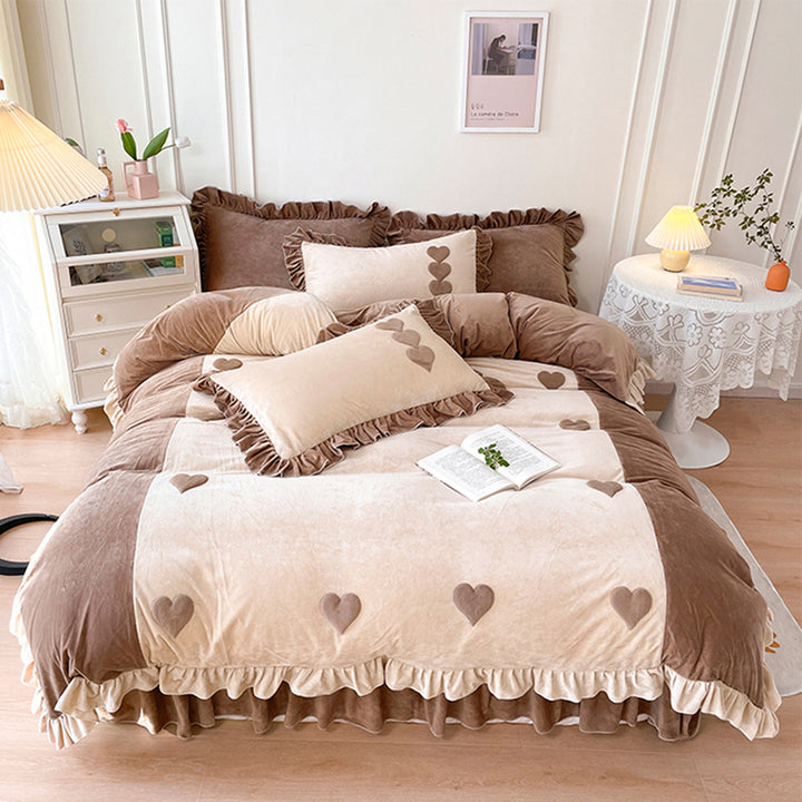 Heart Embroidery Winter Thickened Fleece Bedding Set