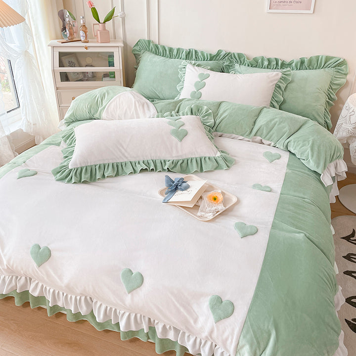 Heart Embroidery Winter Thickened Fleece Bedding Set