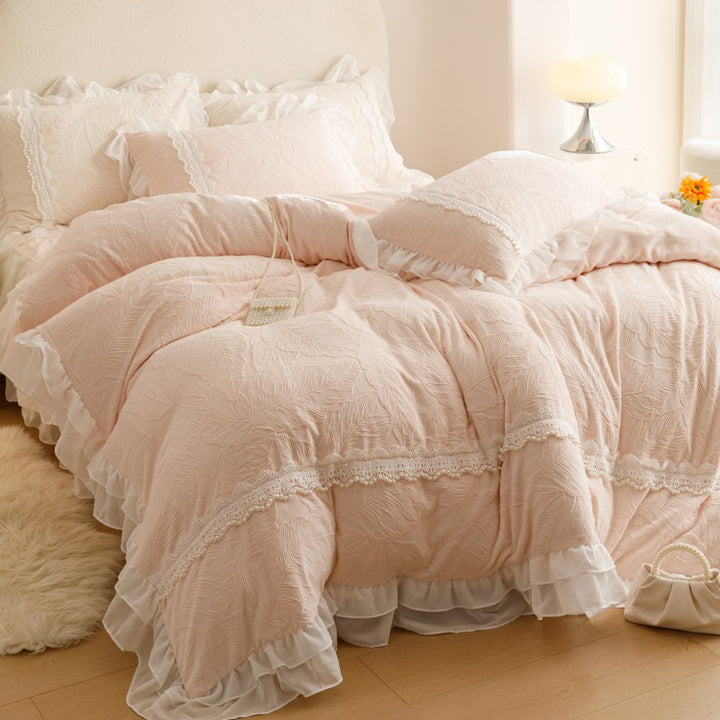 French Lace Trimmed Carved Fleece Thickness Bedding Set