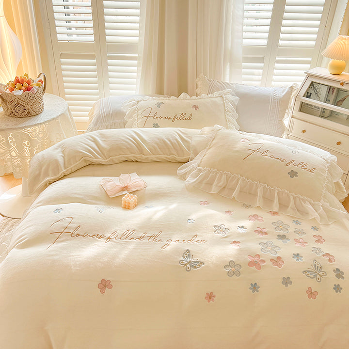 French Floral Butterfly Embroidered Thickened Milk Fleece Lace Edged Bedding Set