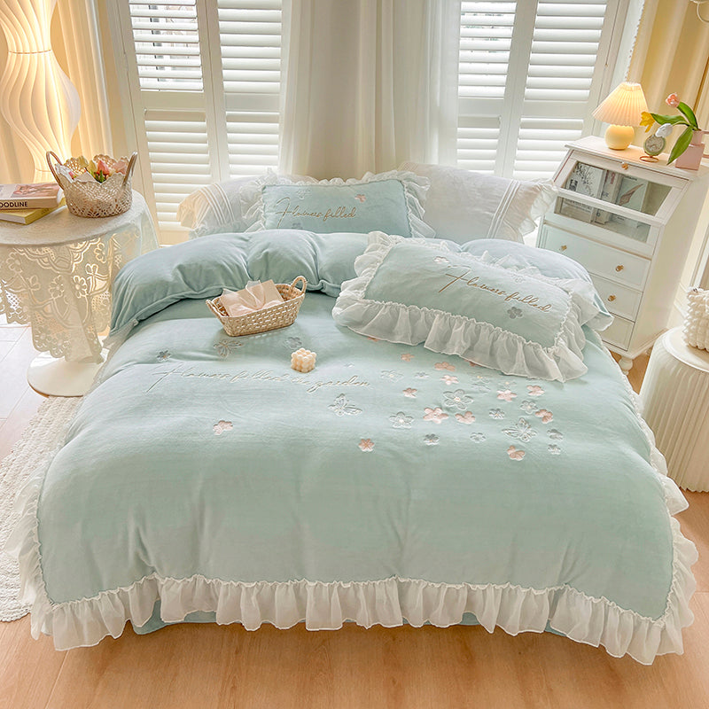 French Floral Butterfly Embroidered Thickened Milk Fleece Lace Edged Bedding Set