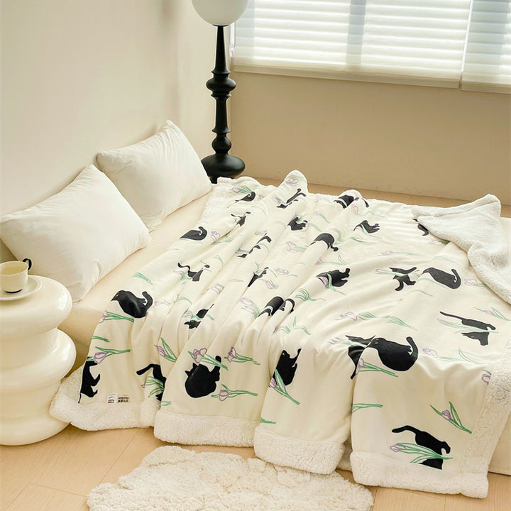Black Cat and Iris Flower Printed Plush Blanket