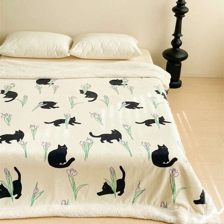 Black Cat and Iris Flower Printed Plush Blanket