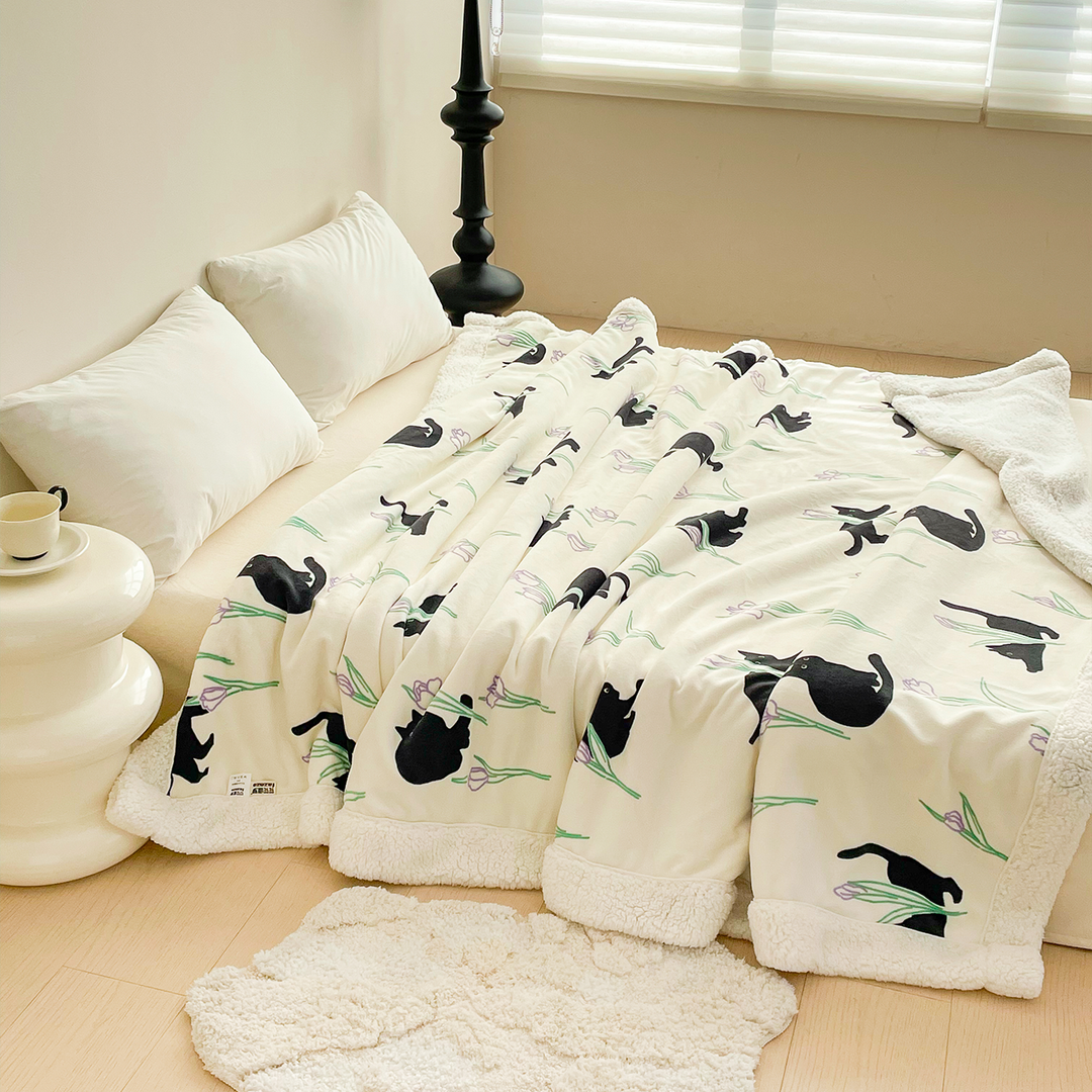 Black Cat and Iris Flower Printed Plush Blanket